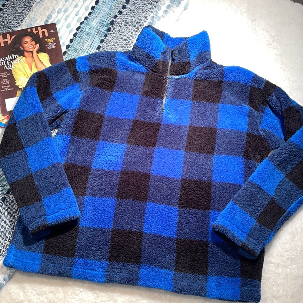 Eddie Bauer Blue Plaid half-zip Fleece-size XL - Picture 1 of 3